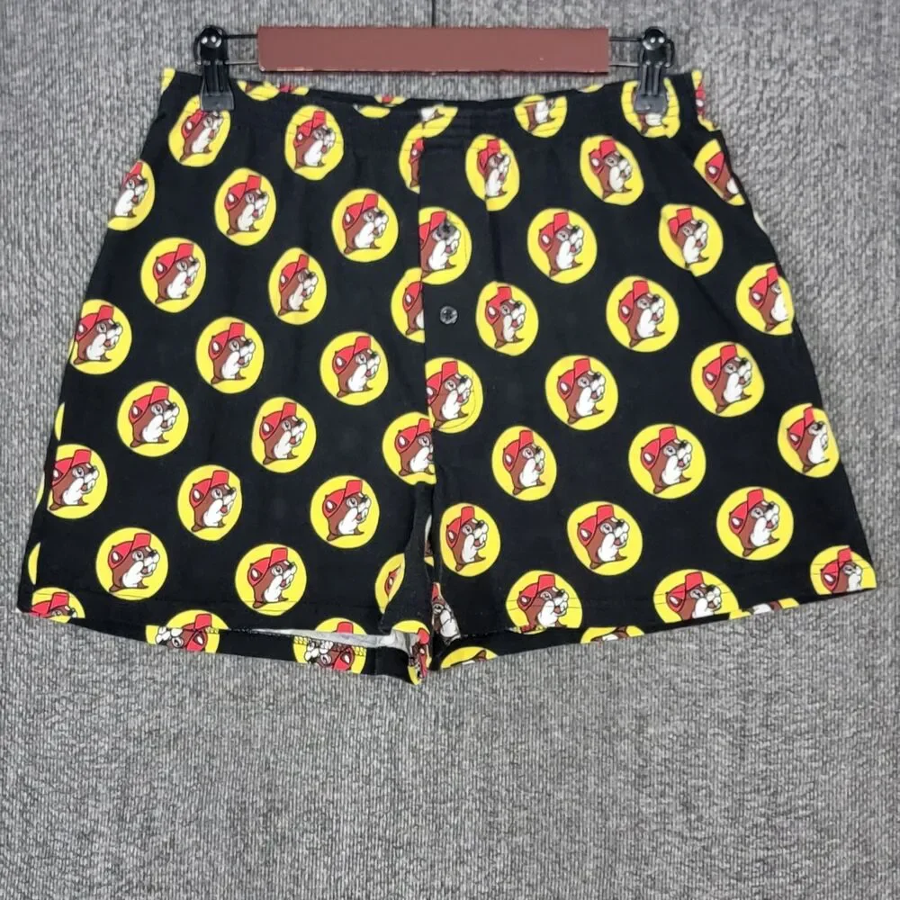 Buc-ees Lounge Sleep Wear Shorts Mens M Black Beaver All Over Print Boxer Style